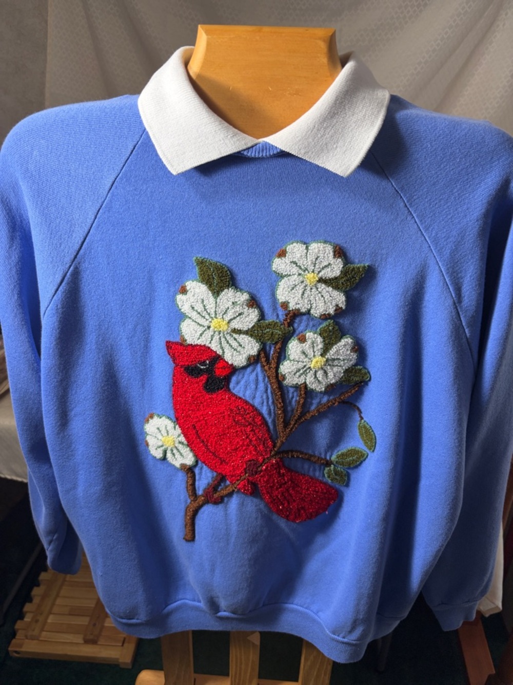 Vintage Hanes Blue Polo-Collar Sweater with Red Cardinal Embroidery XL